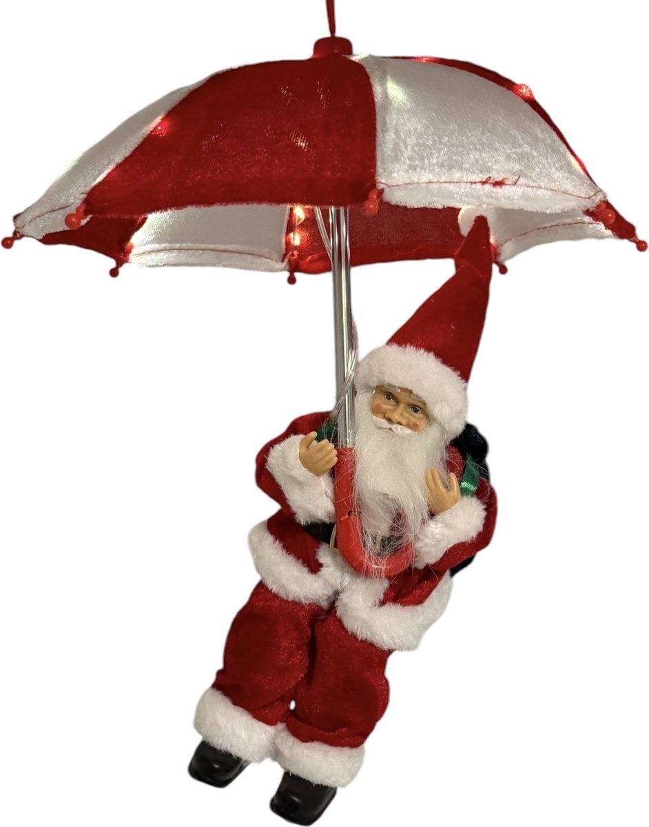 Moderne kerstman-kersthanger van 30 cm hoog in rood en wit, met LED-verlichting.
