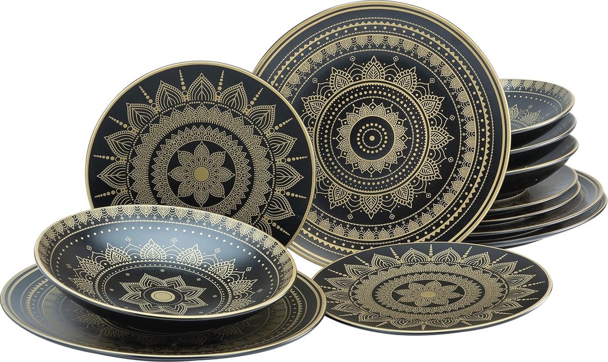 Goedkoopste Elegante 12-delige Mandala Gold Serviesset - Vaatwasser- en Magnetronbestendig
