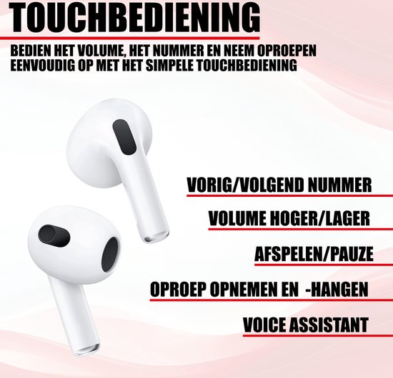 Twee witte draadloze oortjes met tekst "TOUCHBEDIENING", "VORIG/VOLGEND NUMMER", "VOLUME HOGER/LAGER", "AFSPELEN/PAUZE", "OPROEP OPNEMEN EN -HANGEN", "VOICE ASSISTANT".