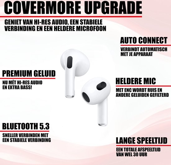 Witte draadloze oortjes en oplaadcase met tekst "COVERMORE UPGRADE", "PREMIUM GELUID", "BLUETOOTH 5.3", "AUTO CONNECT", "HELDERE MIC", "LANGE SPEELTIJD".