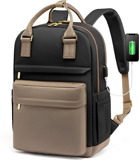 Rugzak - Rugtas - Dames - Meisjes - Vrouwen - Laptop - Boekentas - Werk - School - Waterdicht - USB - Beige - Bruin - Zwart