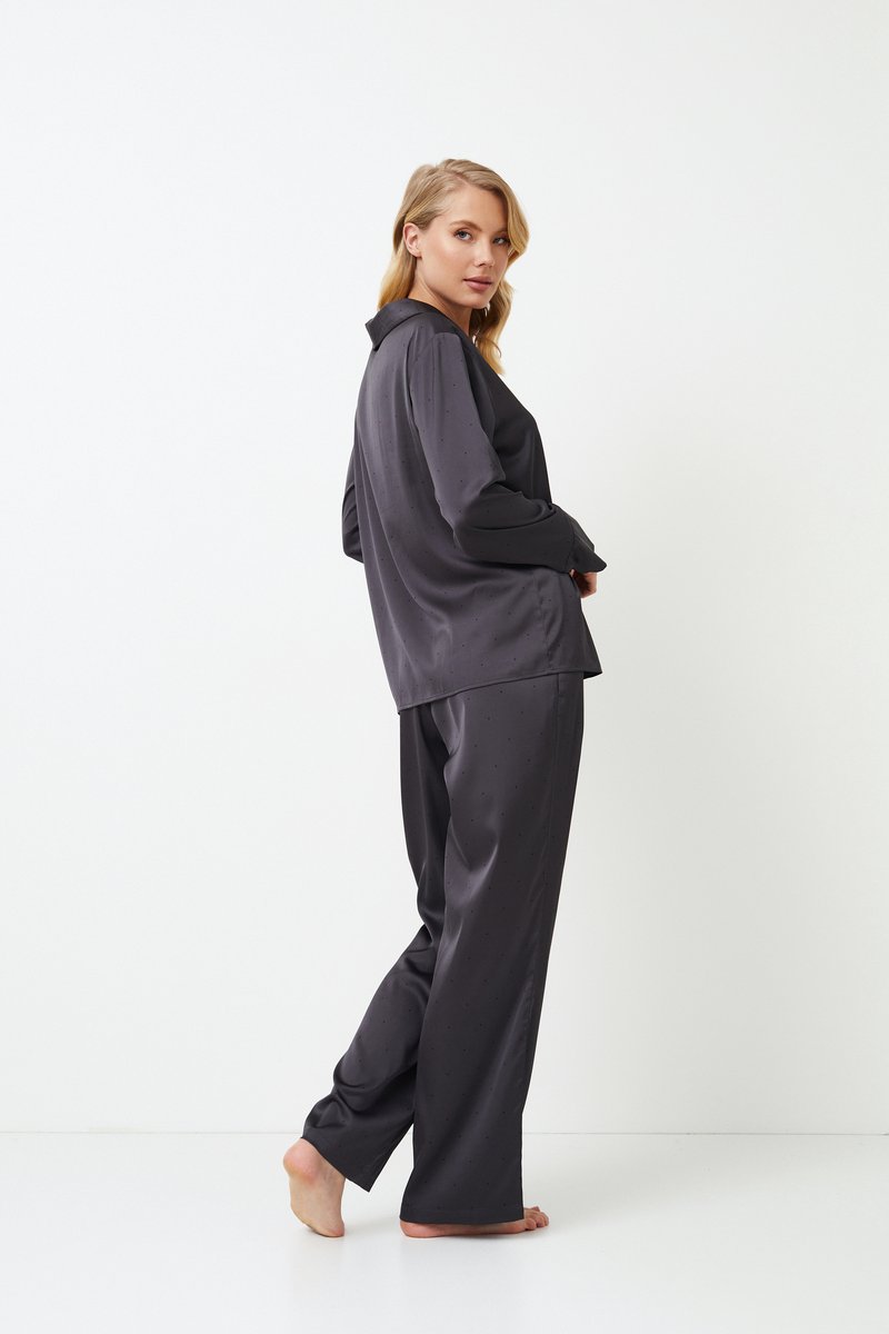 Aruelle Dames pyjama Agatha-lange mouw-lange broek-zwarte biezen-donkergrijs