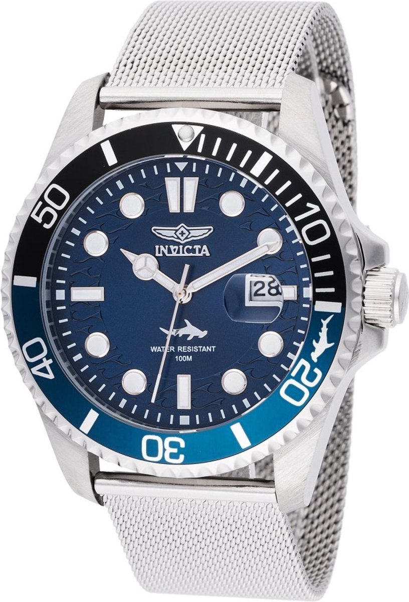 Invicta Pro Diver 47173 Heren Horloge - Waterdicht - Analoog - Quartz Uurwerk - Roestvrij Staal met blauwe Wijzerplaat - 43mm
