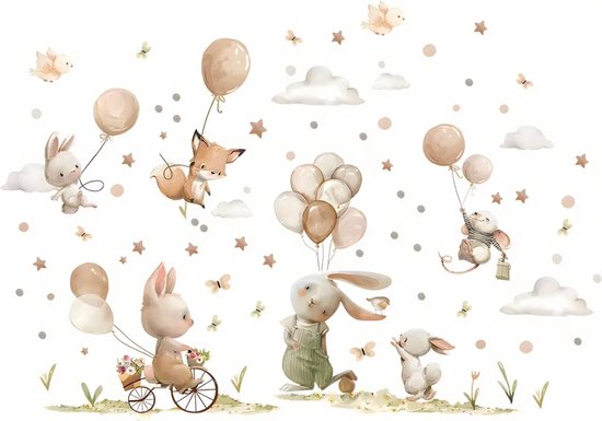 Muursticker Lapins avec Ballons - Chambre de bébé - Chambre enfant - 94x66cm - PVC autocollant - Garçon - Fille - Renard - Décoration murale