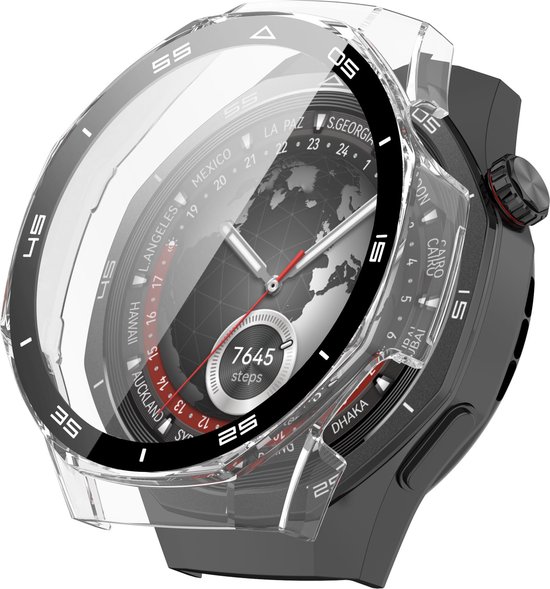 Transparante beschermhoes om een smartwatch met wereldkaart wijzerplaat, met stappenteller en tijdzones.