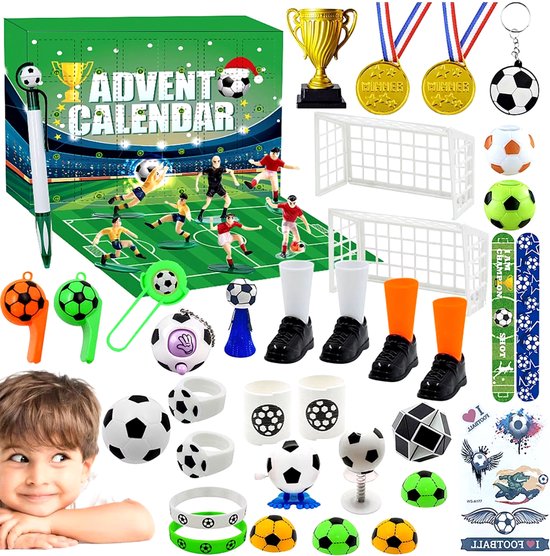 Calendrier de l'Avent football avec mini-joueurs, buts, médailles et trophée.