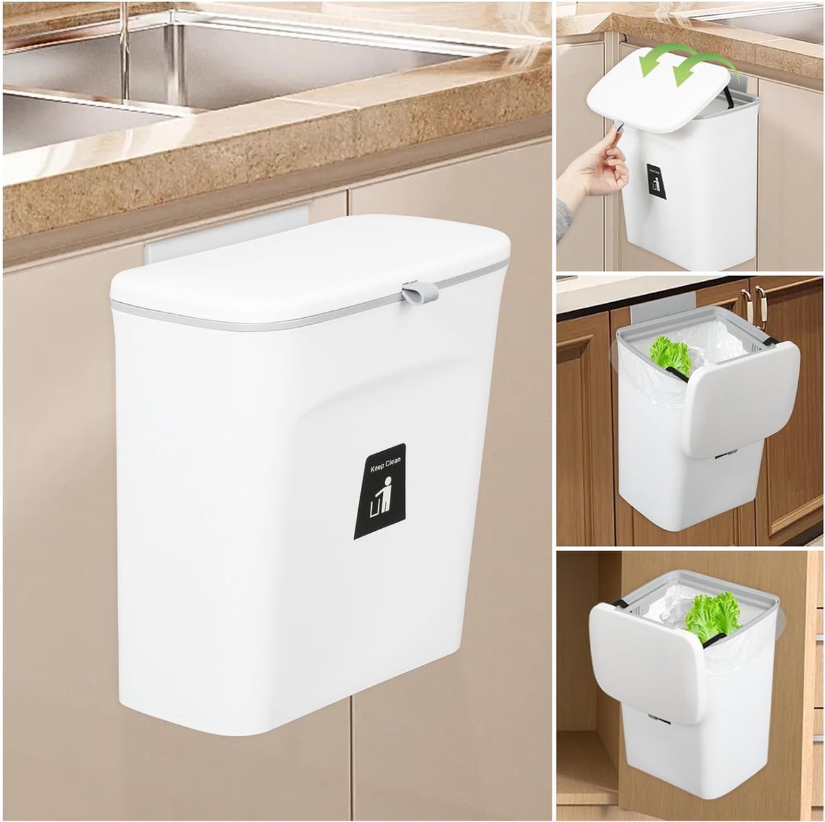 Goedkoopste PolkaHome 9L vuilnisbak voor onder de gootsteen, hangende kleine prullenbak met deksel voor badkamer/slaapkamer, compostemmer binnenshuis (wit