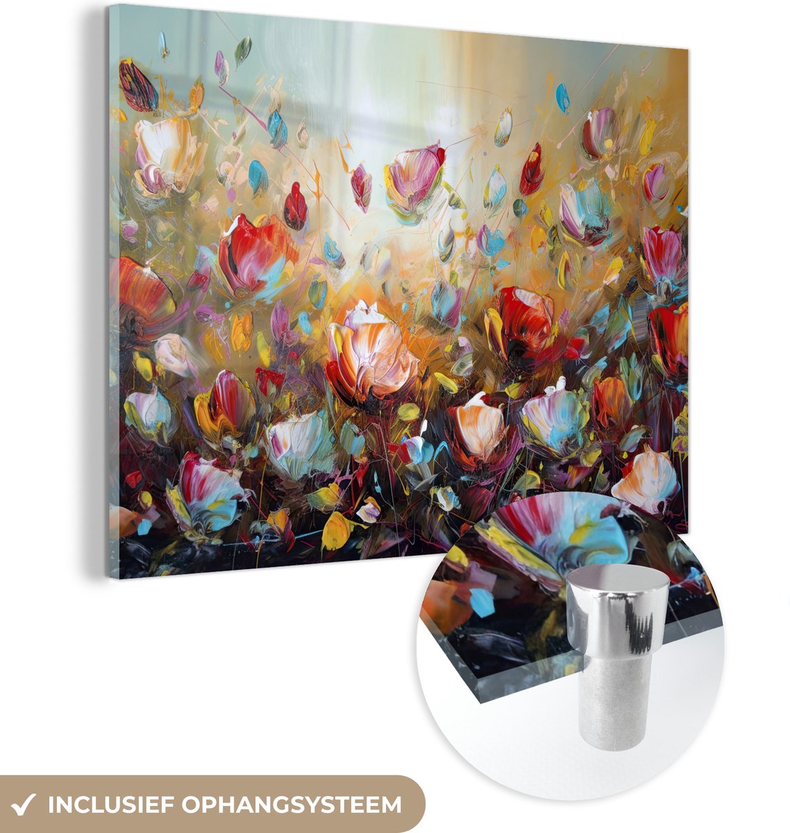 MuchoWow® Glasschilderij 160x120 cm - Schilderij acrylglas - Bloemen - Kunst - Natuur - Olieverf - Foto op glas - Muurdecoratie woonkamer - Wanddecoratie slaapkamer - Schilderijen