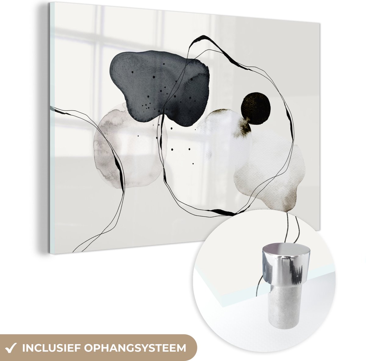 MuchoWow® Glasschilderij 60x40 cm - Schilderij acrylglas - Abstract - Verf - Kunst - Zwart wit - Foto op glas - Muurdecoratie woonkamer - Wanddecoratie slaapkamer - Schilderijen