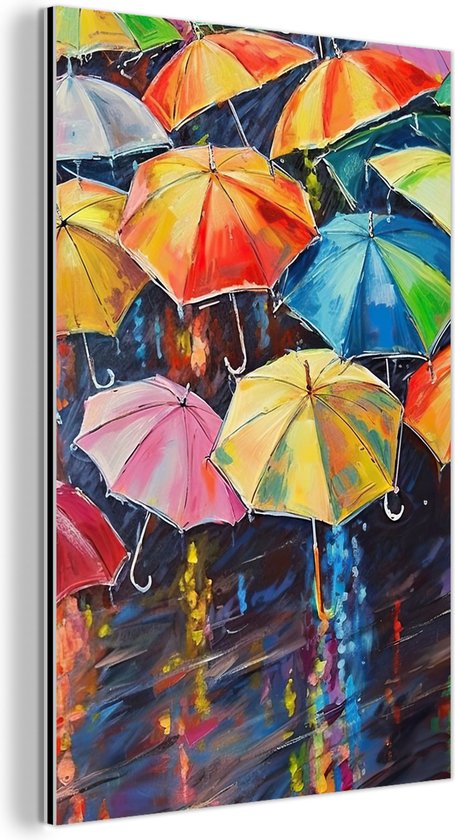 Aluminium schilderij 40x60 cm - Wanddecoratie metaal - Paraplu's - Schilderij - Kunst - Regenboog - Metalen muurdecoratie woonkamer - Decoratie industrieel - Foto op dibond - Industriële accessoires slaapkamer