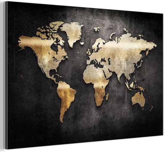 Décoration murale Métal - Peinture Aluminium Industriel - Wereldkaart - Or - Zwart - 60x40 cm - Dibond - Photo sur aluminium - Décoration murale industrielle - Pour le salon/chambre