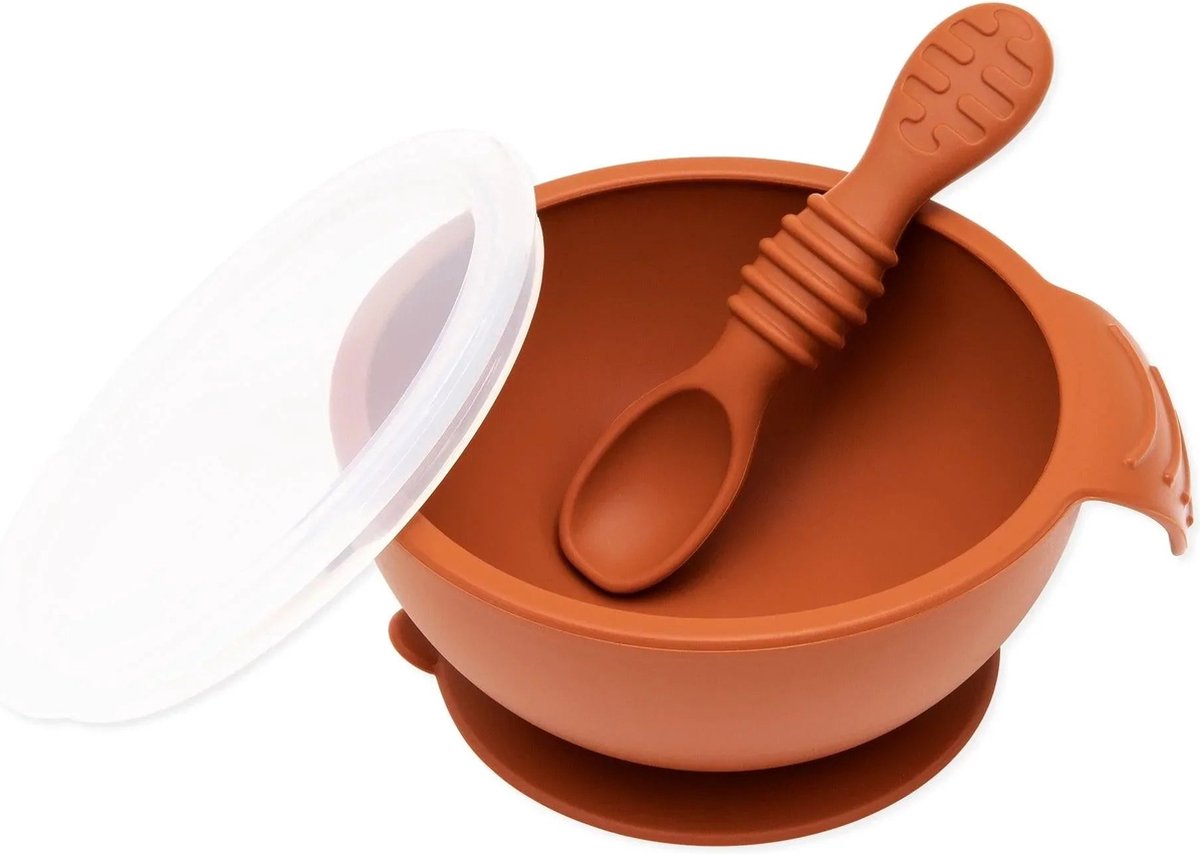 Bumkins - Silicone First Feeding Set | Siliconen Eerste Baby Eetset (Kom met Deksel + Lepel) - Clay