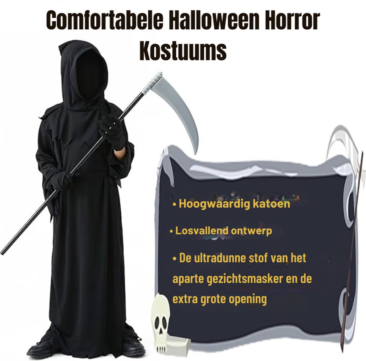 Costume Halloween Enfant Faucheuse - Combinaison Fluorescente, Masque, Faux, Taille 5-14 Ans