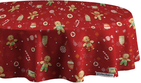 Protecttable - Rond Kerst Tafelzeil Koekmannetje Rood Ø138cm - Tafelkleed Afwasbaar - Kunststof