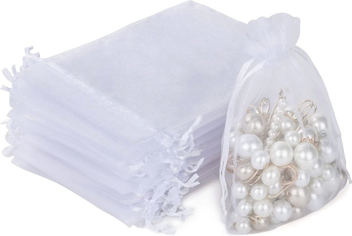 105 Organza Zakjes voor Sieraden en Geschenken - 10 x 15 cm - Wit met Trekkoord