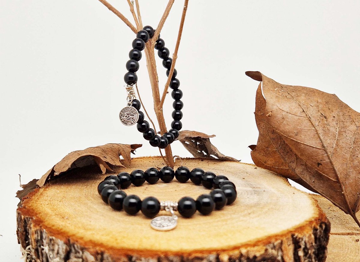Handgemaakte natuursteen Geluksarmband met hanger "Astrologische Symbolen " Obsidian " -8 mm diameter van de korrel- Diameter armband 20 cm - Kies je favoriete Astrologische Symbolen - Een mooi cadeau voor familie en vrienden