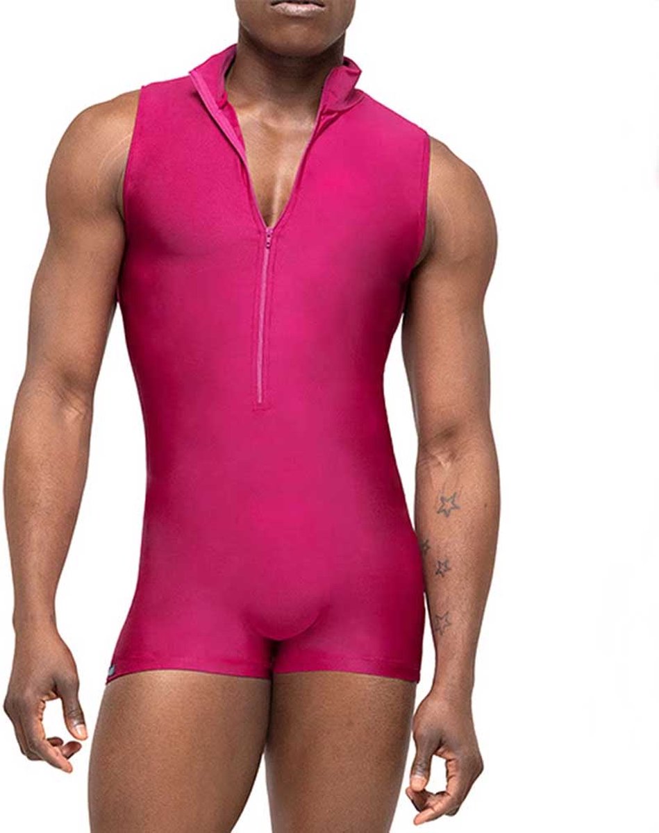 Goedkoopste Heren Bodysuit – Mouwloos met Rits – Strakke Pasvorm – Roze – Stretch Outfit