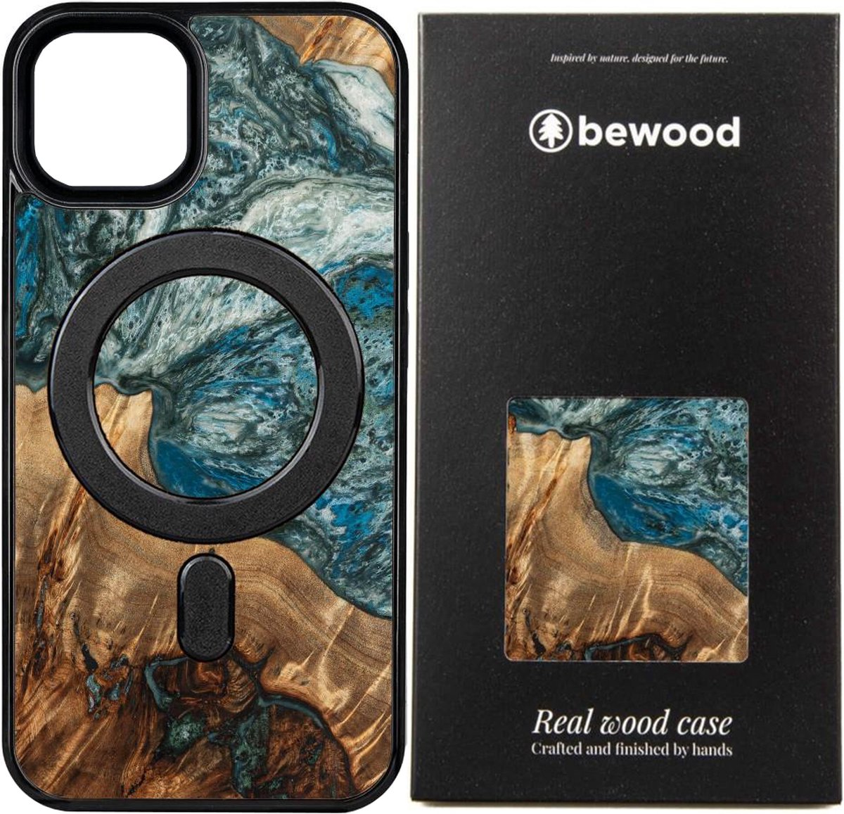 Bewood Wood and Resin Echt Houten Back Cover met MagSafe voor Apple iPhone 13 Pro - Unique Planet Earth