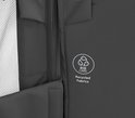 Détail de tissu gris foncé avec logo 'Eco Care Recycled Fabrics'.