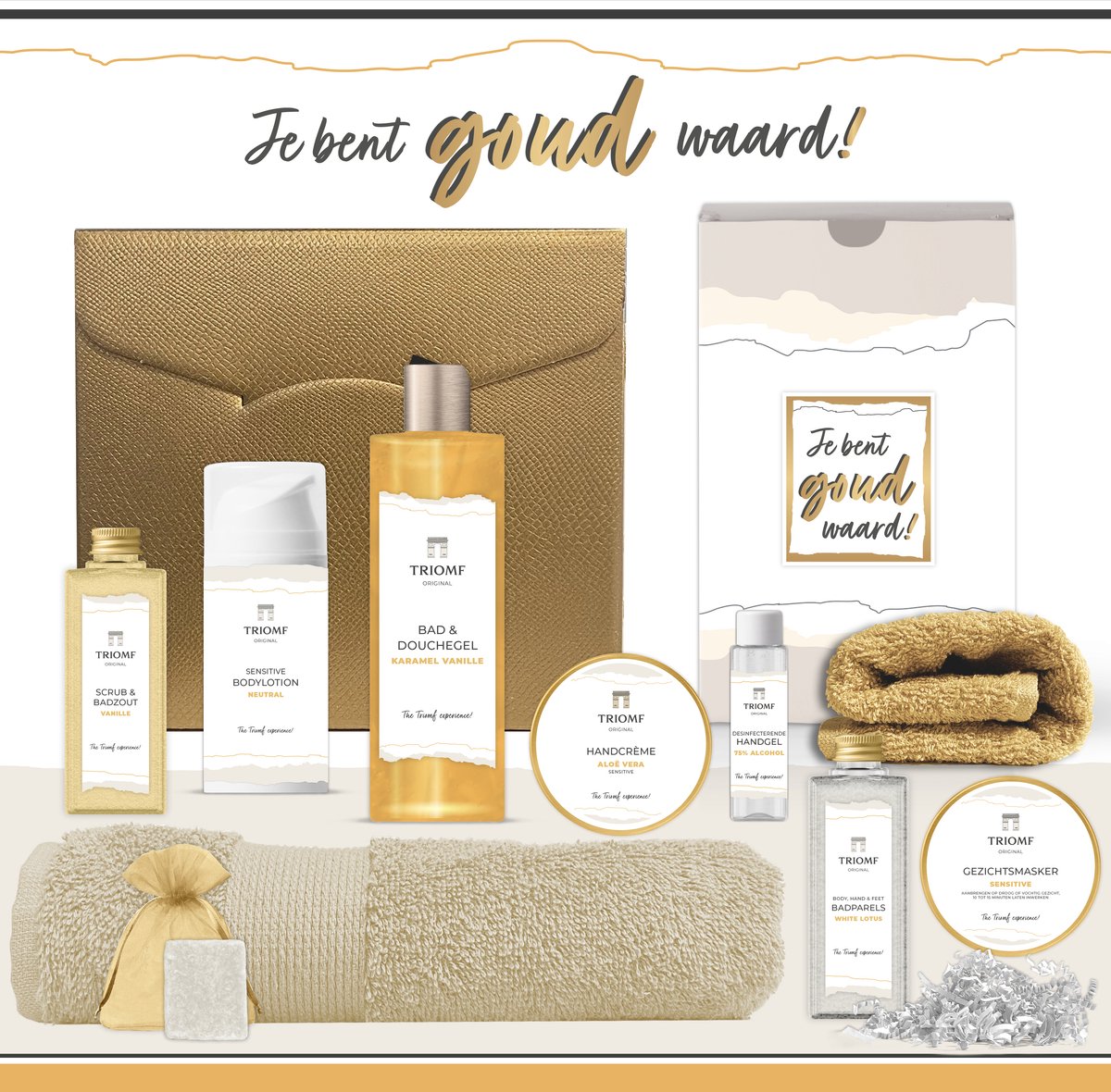 Goedkoopste Geschenkset “Je bent goud waard!” - 10 producten - 900 gram - Giftset voor haar - Groot strandlaken - Luxe wellness cadeaubox - Cadeaupakket Vrouw - Gift Set - Cadeau Moederdag - Geschenk verjaardag moeder - Pakket Kerst - Kerstpakket - Geel