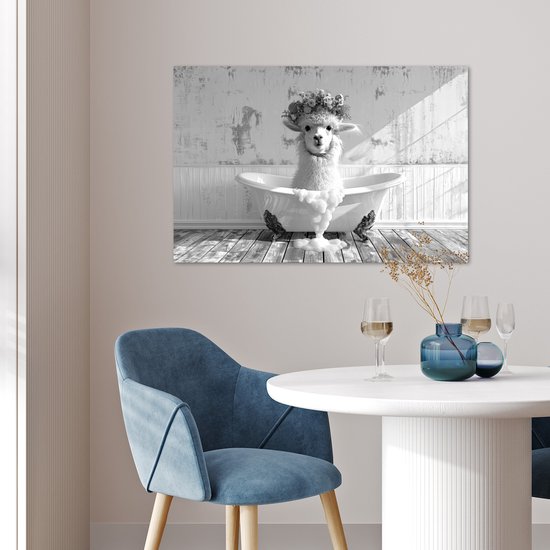 Poster 60x40 cm - Alpaga - Fleurs - Animal - Bain - Zwart - Wit - Posters - Décoration murale salle de bain - Décoration murale murale WC - Accessoires décoratifs - Décoration murale Toilettes
