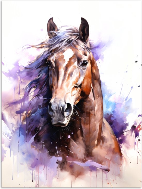 Poster 60x80 cm - Paard - Dieren - Meisjes - Paars - Bruin - Posters - Wanddecoratie tienerkamer - Kamer decoratie voor tieners - Tiener jeugdkamer accessoires