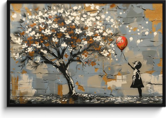 Poster in lijst - Fotolijst 120x80 cm - Posters - Boom - Graffiti - Banksy Style - Balloon Girl - Posterlijst zwart - Decoratie - Wanddecoratie woonkamer - Muurdecoratie slaapkamer