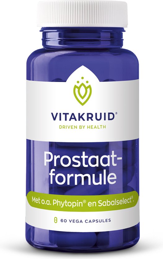 Blauwe pot met witte dop. Het label toont het Vitakruid logo en 'Prostaatformule'.