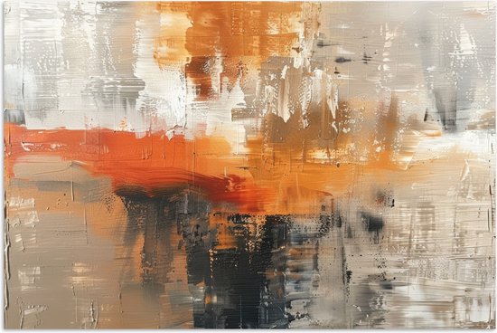 Abstract schilderij met prominente oranje streep en texturen in grijs, bruin en zwart.