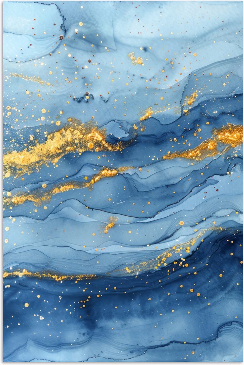 Poster 60x90 cm - Watercolor - Blauw - Kunst - Goud - Luxe - Modern - Posters - Wanddecora
