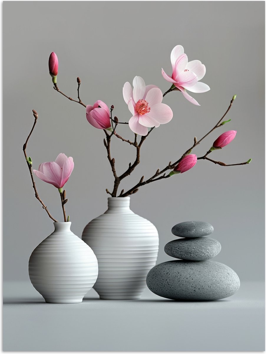 Poster 120x160 cm - Magnolia - Bloemen - Roze - Zen stenen - Posters - Wanddecoratie badka