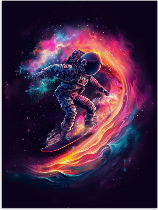 Poster 60x80 cm - Astronaut - Ruimte - Surfen - Kleurrijk - Posters - Wanddecoratie tienerkamer - Kamer decoratie voor tieners - Tiener jeugdkamer accessoires