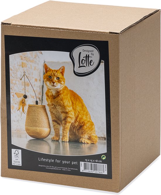 Doos van Designed by Lotte met een afbeelding van een oranje kat en het speelgoed.