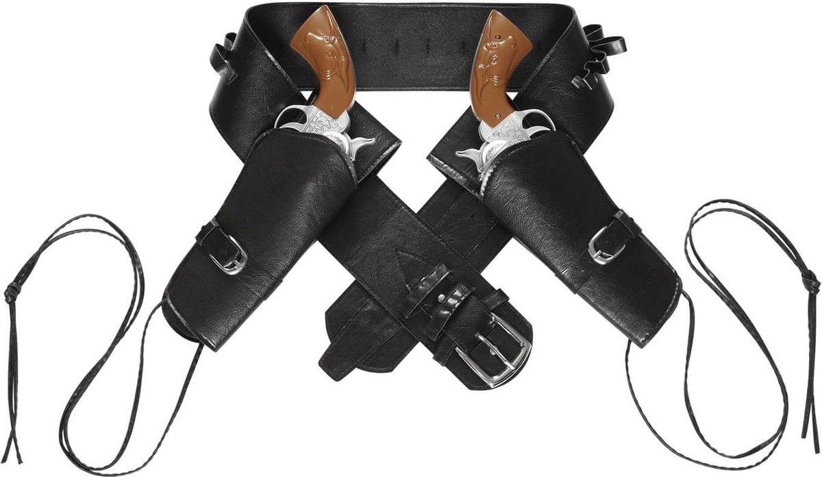 Saloon Shooter Western Dubbel Holster Met Riem Lederlook Zwart - Carnaval Kostuum Piraat Outfit Verkleedkleding