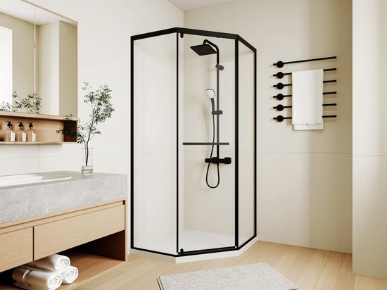 Foto: Vente unique vijfhoekige douchewand met douchebak 90 x 90 x 195 cm mat zwart cristelio