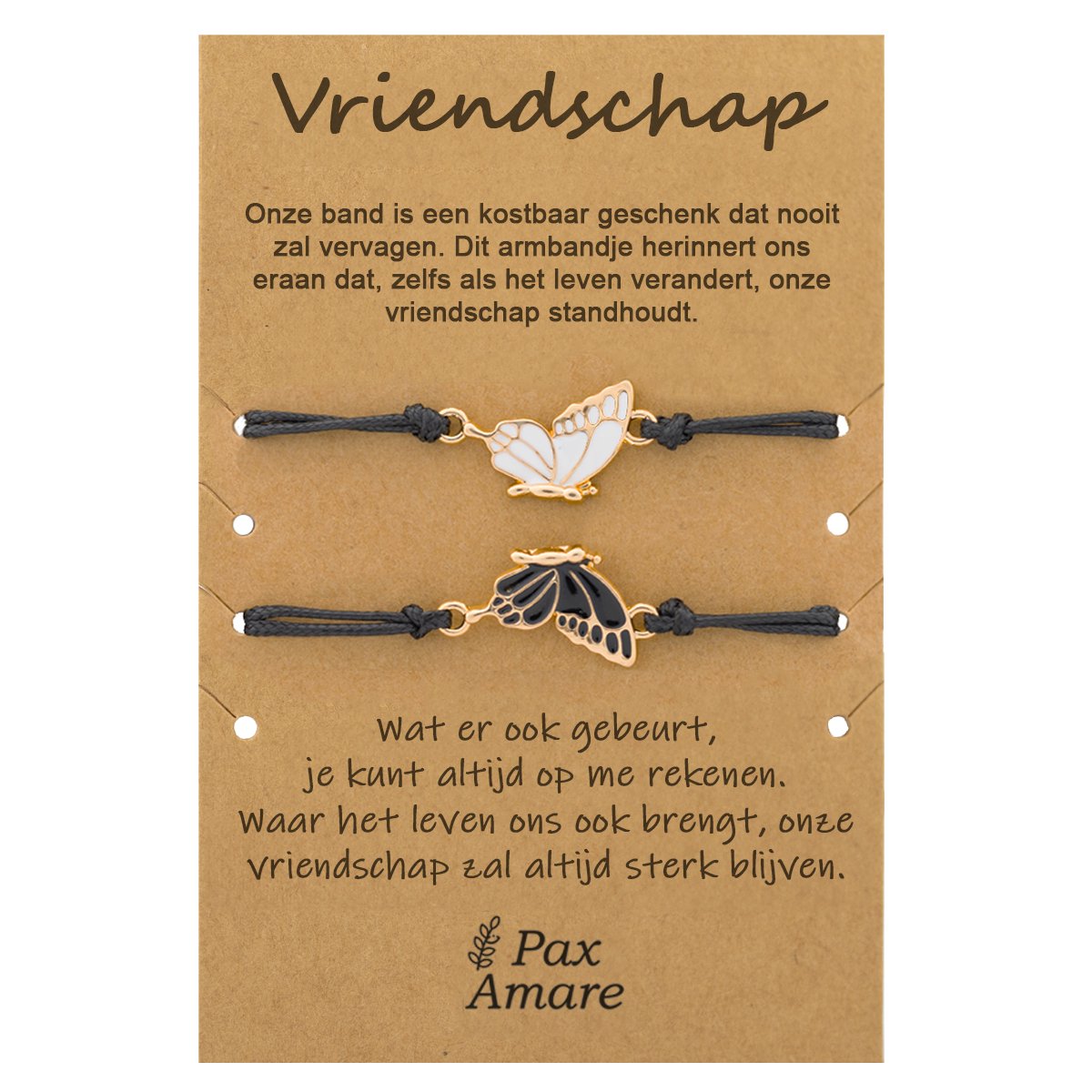 Vriendschapsarmbandjes voor 2 met Vlinder - Zwart / Wit met Goud - Elastisch verstelbaar - Vriendschap Cadeau - Pax Amare