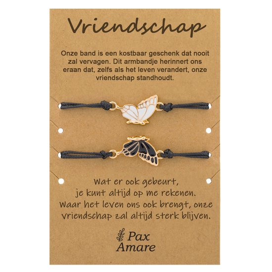 Bracelets d'amitié pour 2 avec Papillon - Zwart / Wit avec Or - Élastique réglable - Cadeau d'amitié - Pax Amare
