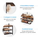 Detailfoto's van een kapstok met 12 haken, schoenenrek met ruimte voor 8 paar schoenen, en kwalitatief design.