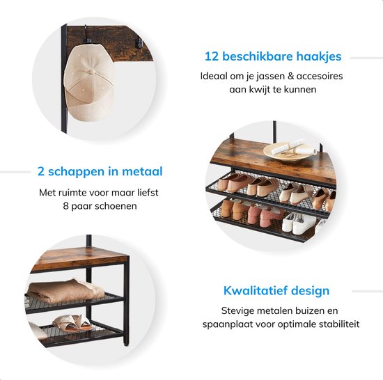 Detailfoto's van een kapstok met 12 haken, schoenenrek met ruimte voor 8 paar schoenen, en kwalitatief design.