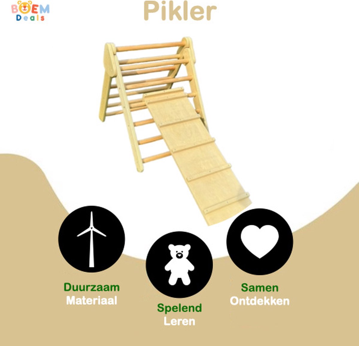 BD-Products Pikler Driehoek Klimdriehoek Houten Klimrek inclusief loopplank glijbaan