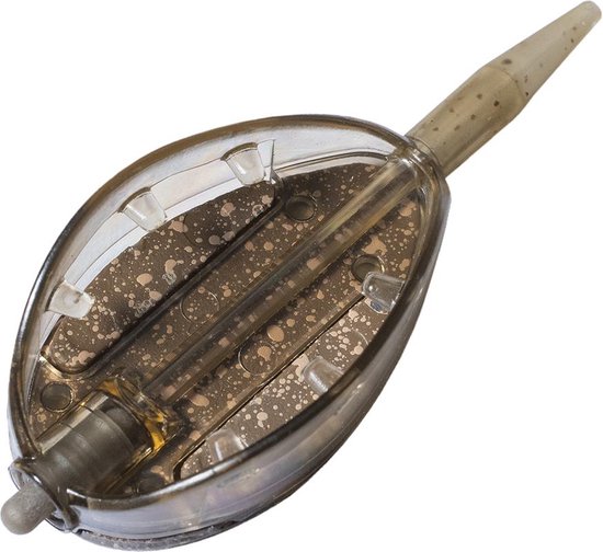 Leurre de pêche brun en forme de goutte, avec un corps transparent rempli de particules.