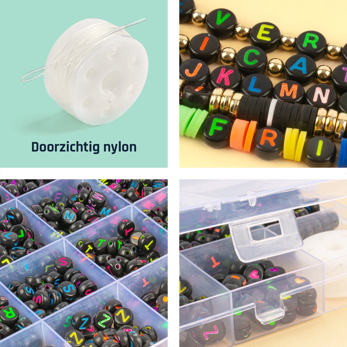 Letterkralen voor Sieraden maken - Alfabet kralen voor ketting/armband/telefoonkoord etc. - Acryl – Zwart met gekleurde letter - 7 mm - 1400 stuks gesorteerd — afbeelding 4