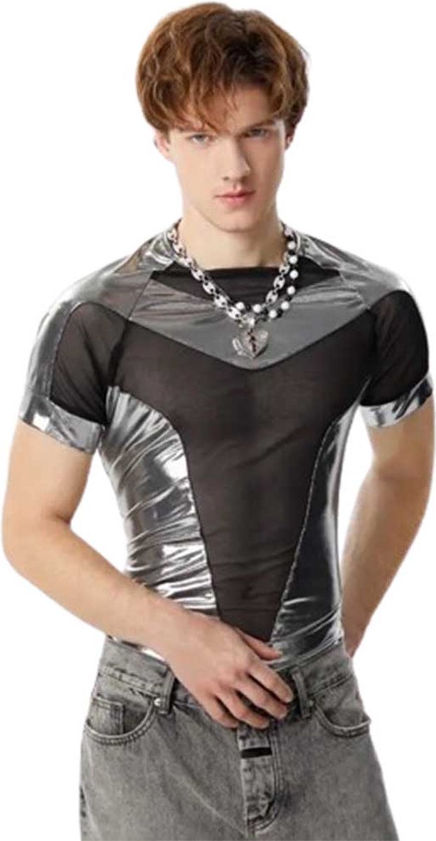 Goedkoopste Heren Mesh Top – Zilver & Zwart – Sexy Transparant Shirt – Festival Outfit