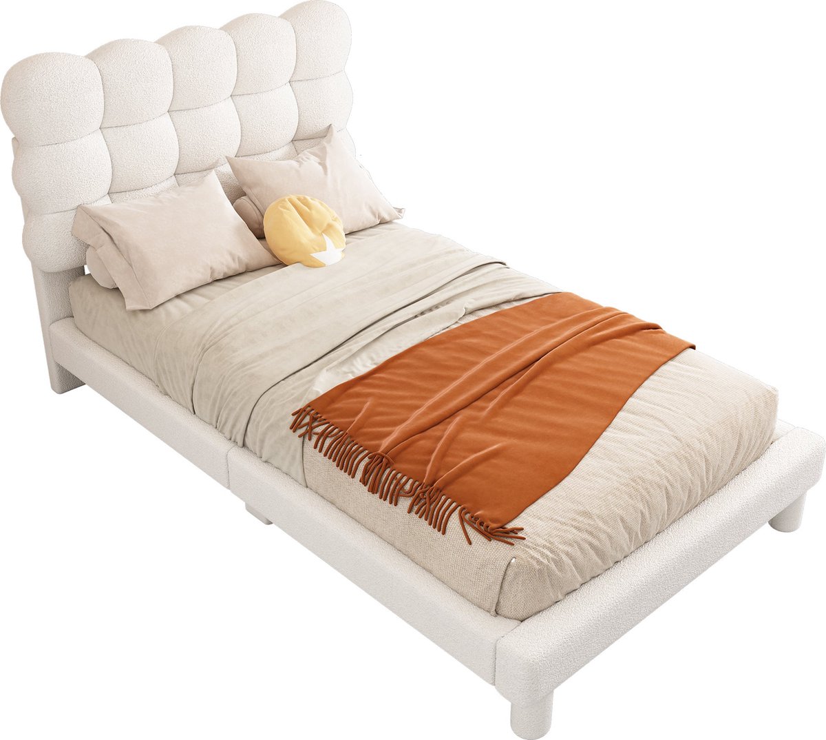 Merax 90x200 cm Fluwelen Eenpersoonsbed - Gestoffeerd Bed met Verstelbaar Hoofdbord - Wit