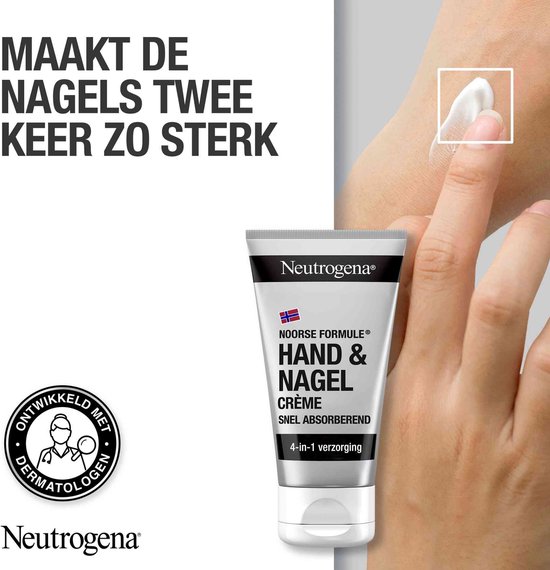 Neutrogena Hand & Nagel crème, met een cirkelvormig 'Ontwikkeld met Dermatologen' keurmerk.