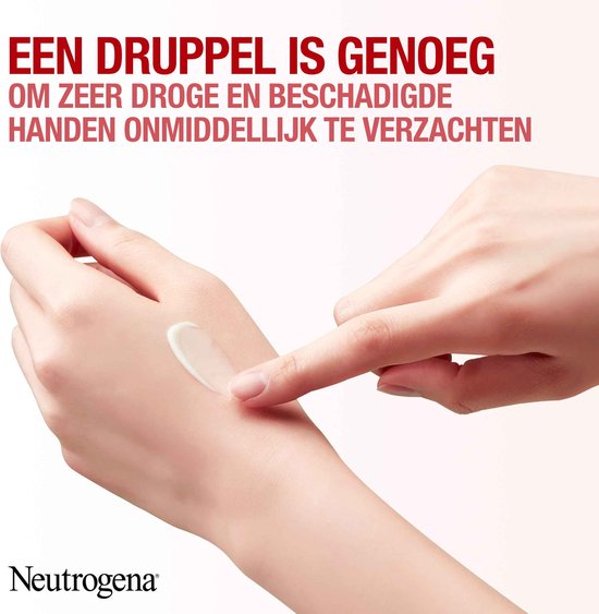 Een hand brengt handcrème aan op de andere hand. De tekst 'Een druppel is genoeg om zeer droge handen te verzachten' staat erboven.