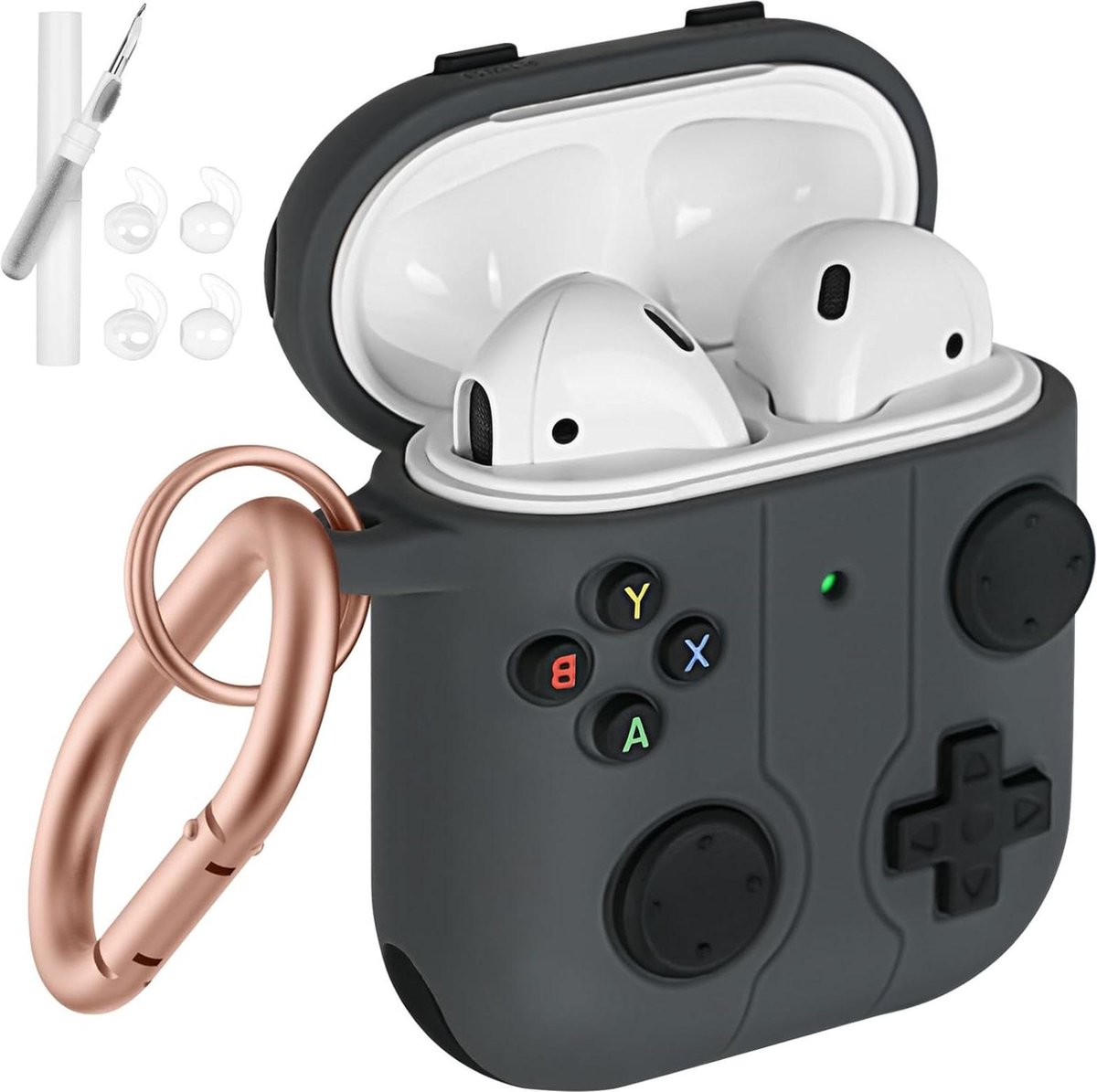 Zachte siliconen beschermhoes - compatibel met AirPods 2 & 1 - inclusief reinigingspen en hoofdtelefoonhoes - schokabsorberend - met karabijnhaak