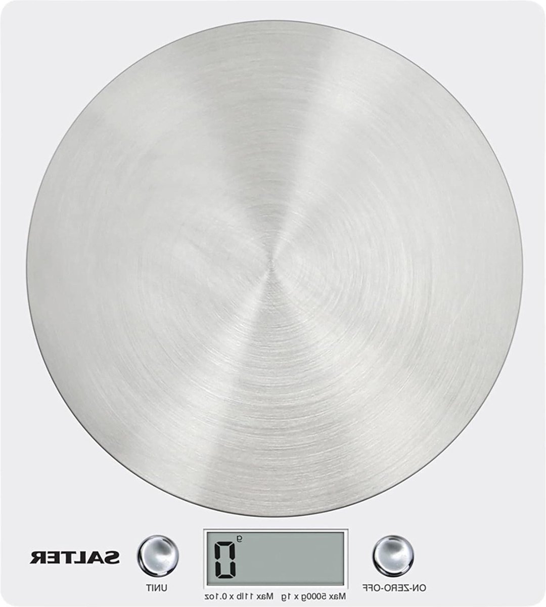 WHSSDR Disc Electronic Scale Digital Weighing Stylish Slim Design - Home Kitchen Cooking - Stainless Steel Platform - Measures Liquids Fluids - 5KG Capacity - White Chrome