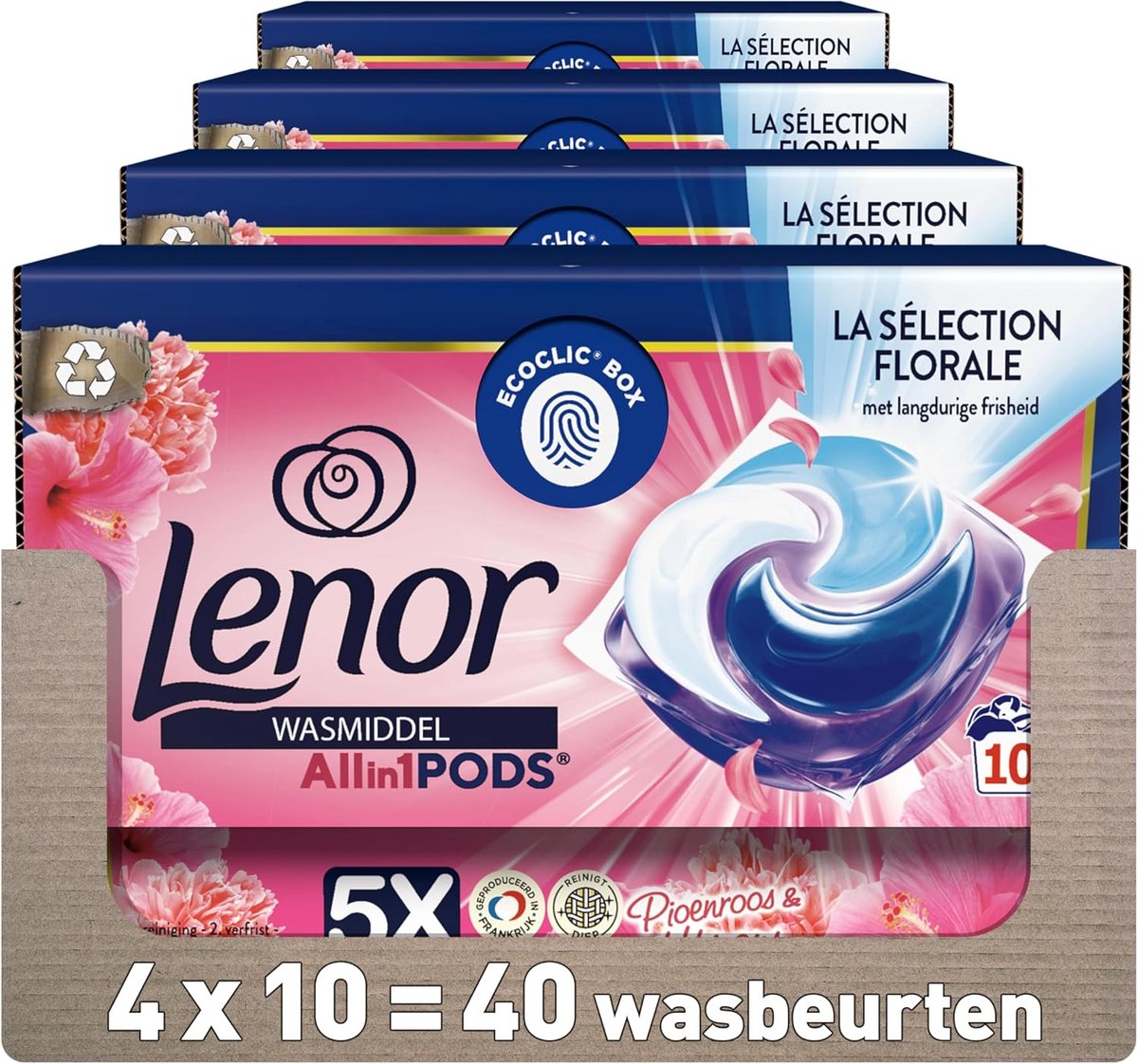 Goedkoopste Lenor La Selection Florale All-in-1 PODS Wasmiddel Pioenroos en Hibiscus 4x10 stuks