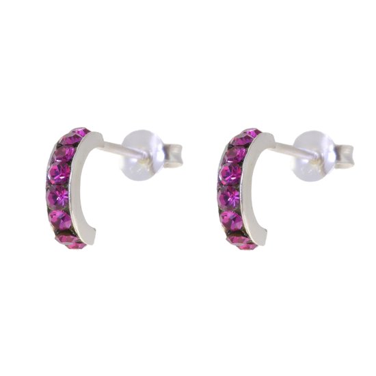 Behave – Oorbellen – 925 Sterling Zilveren Kleine Oorring met Fuchsia Kristal steentjes